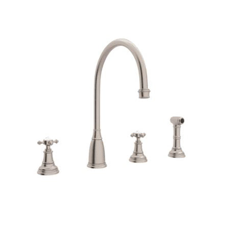 Perrin & Rowe 4 Hole Kitchen Faucet in Satin Nickel & Side Spray
