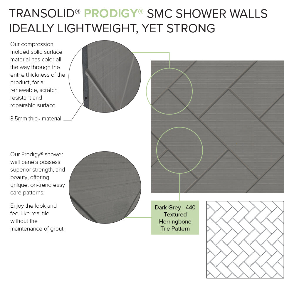 Prodigy 60x36x72" Shower Wall Kit w/Herringbone Tile Pattern in Dark Grey